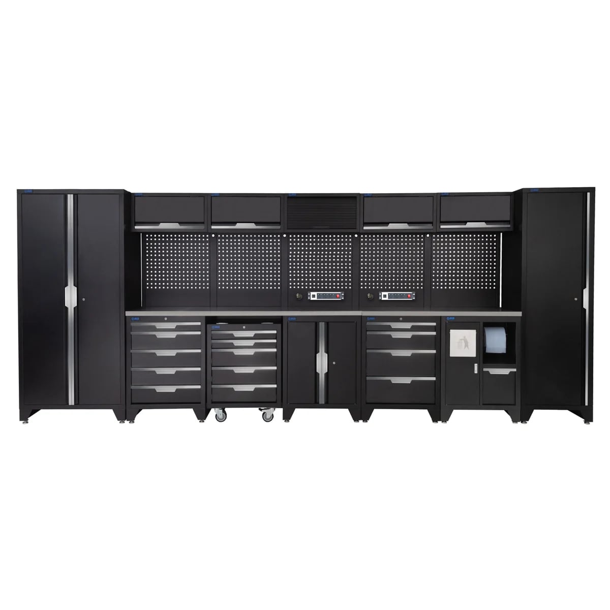 SGS 17pc Garage Storage System | 14 Drawers | Stainless Steel Worktop | Tall Single & Double Cabinets | Bin Unit | Mobile Tool Cabinet | Floor Cabinet | 5x Upper Cabinets | 2x Pegboards with Power Strip
